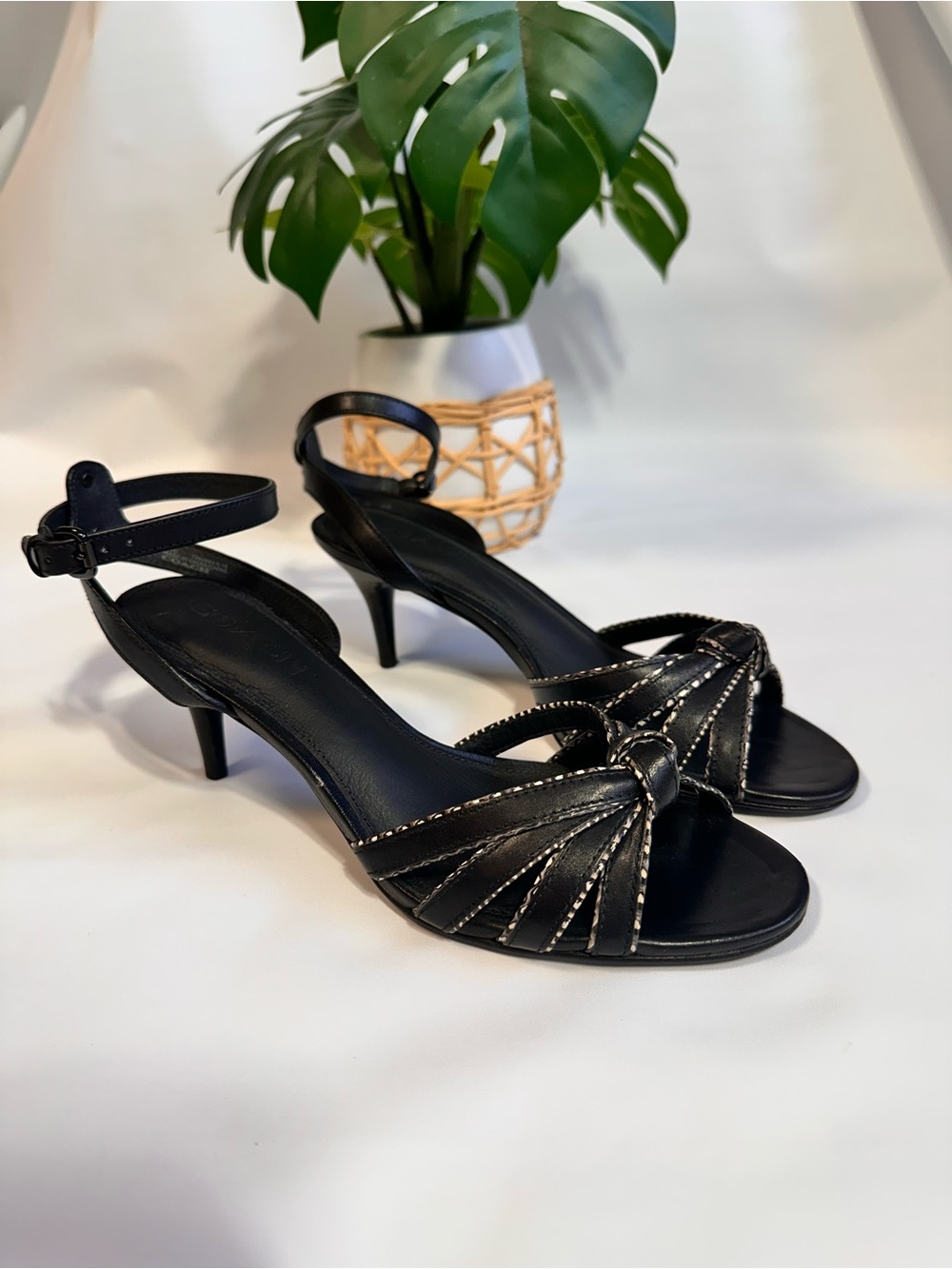 Coach Black Strappy Kitten Heel Sandals with Silver Stitching - Picture 2 of 8